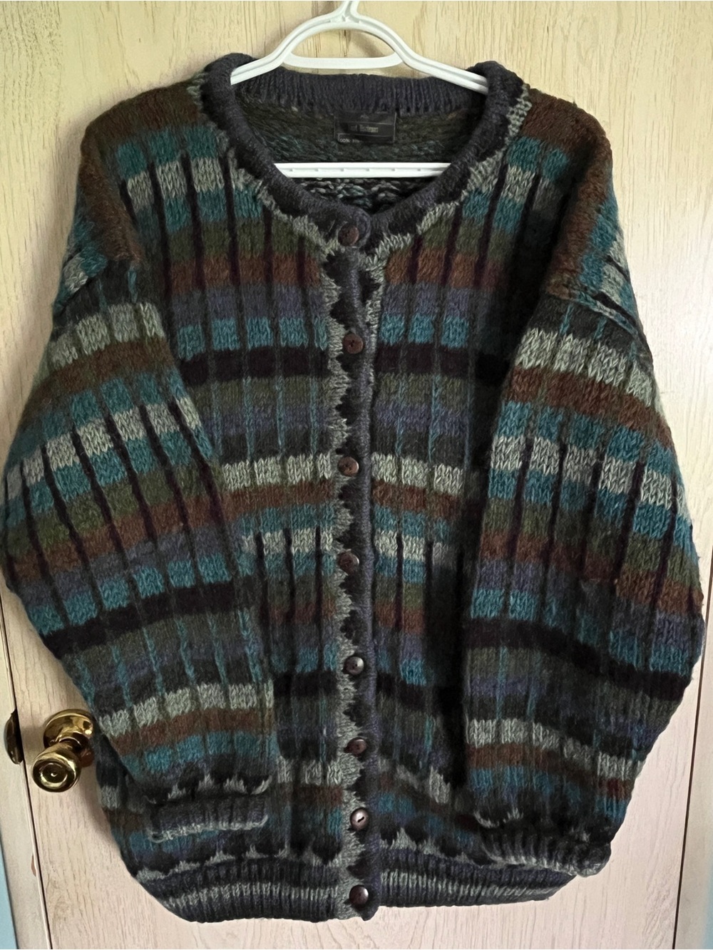 Lost Horizons Handknit Nepal 100% Wool Heavy Cardigan Sweater Multi Color L/XL